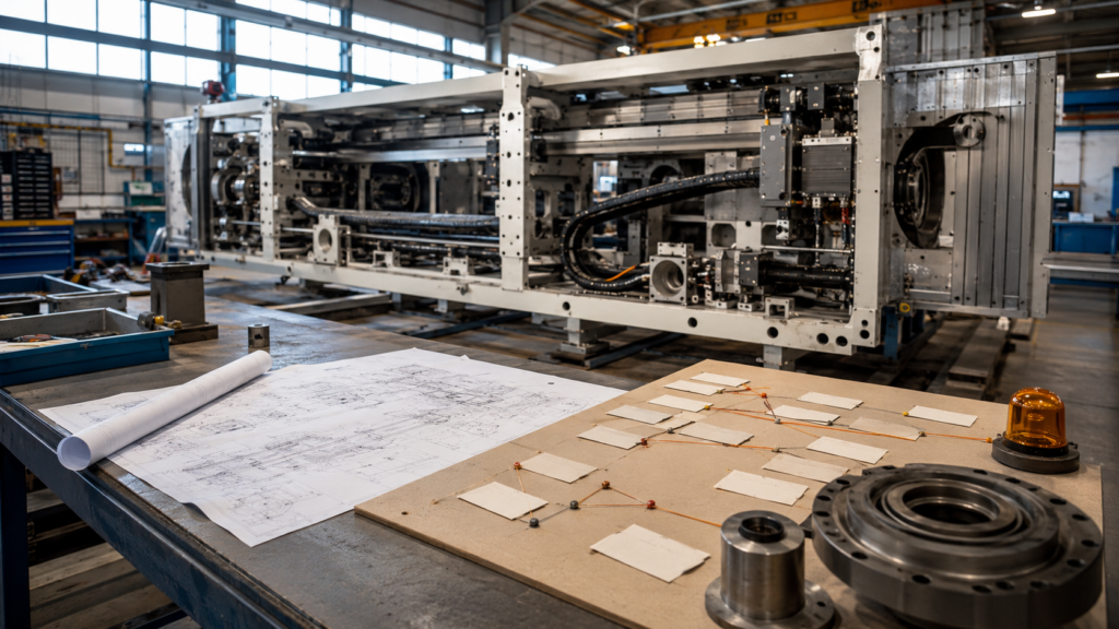 Macchinario industriale in costruzione con piano di recupero e disegni tecnici.